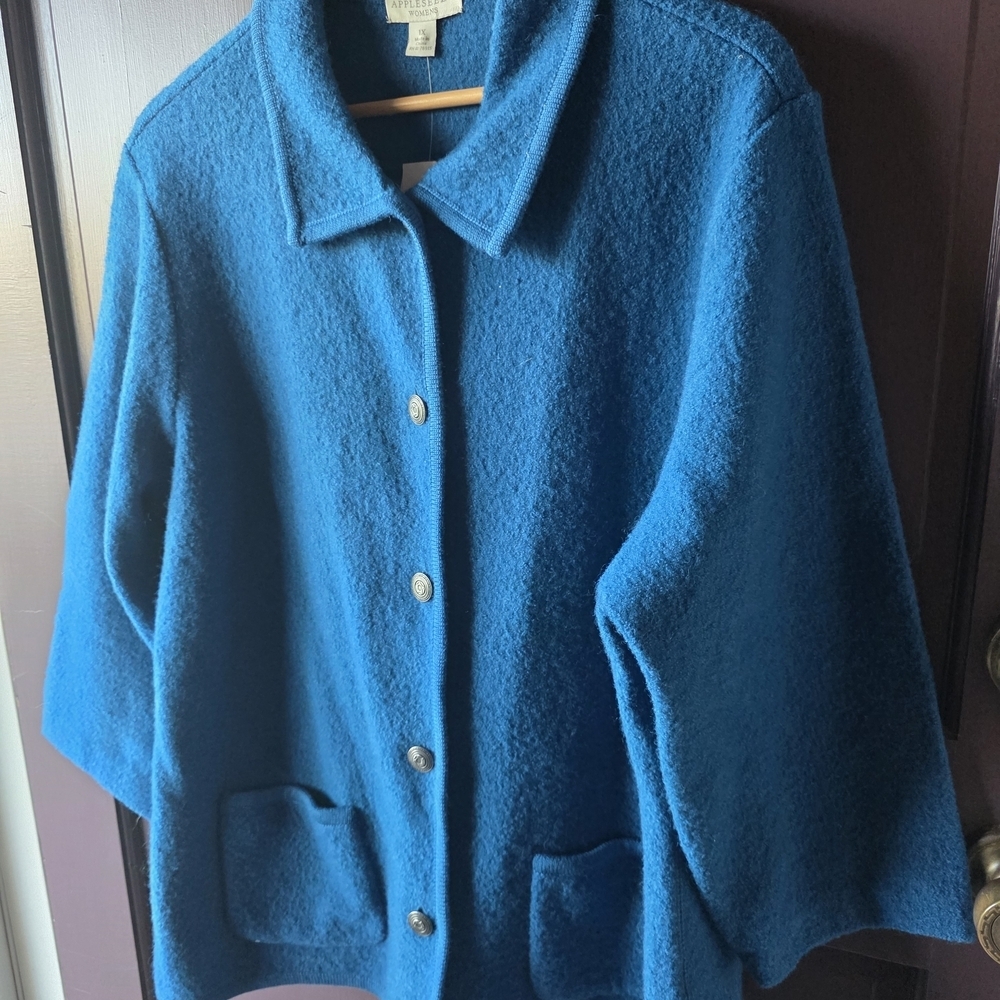 Appleseeds Woman Plus Size 1X Turquoise Blue 100% Wool Jacket Vintage Preppy - Picture 4 of 6